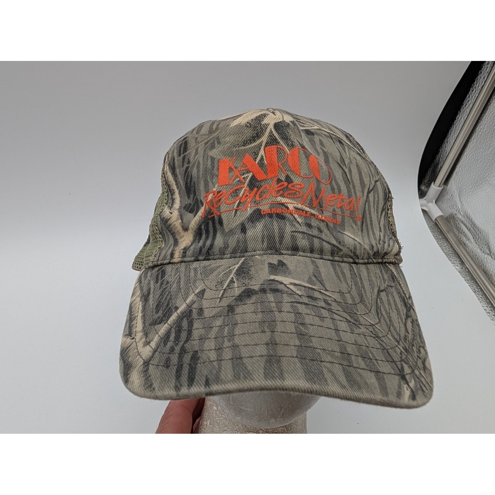 Vintage Karco Recycles Metal Camo Trucker Hat Mesh Back Adjustable Cap
